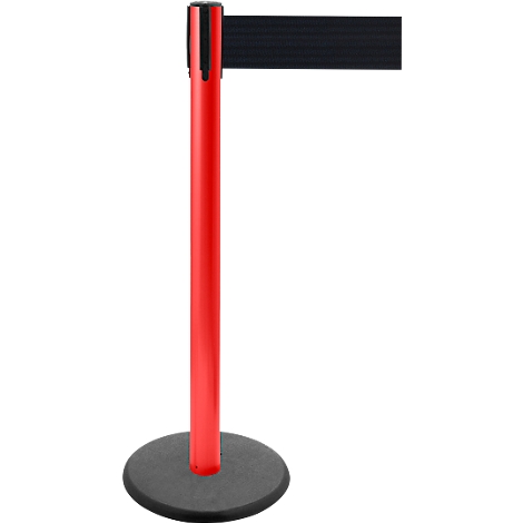 Red stanchion with black belt, cordoning off an area. Black base. White background.