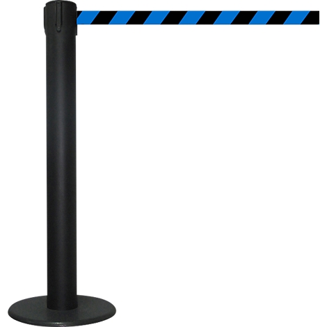 Black barrier post with a blue and black striped belt, isolated on a white background.