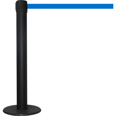 A black stanchion with a blue belt against a white background.