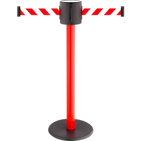 Red barrier post with black and white striped strap. Black base and top.