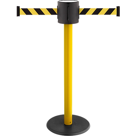 Yellow and black retractable belt stanchion. The stanchion has a round black base, a yellow pole, and a black head with the belt outlet.