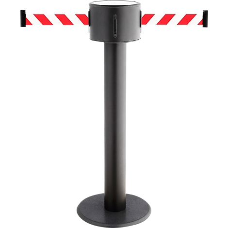 Black barrier with a red and white striped band, for crowd control systems.