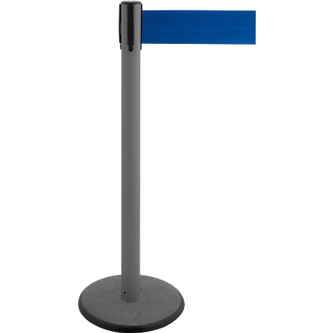 Grey post with blue tape for barrier. A black head is attached to the top of the post. The post stands on a round, grey base.