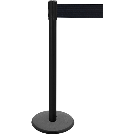 Black stanchion with retractable black belt. Gray round base, on white background.