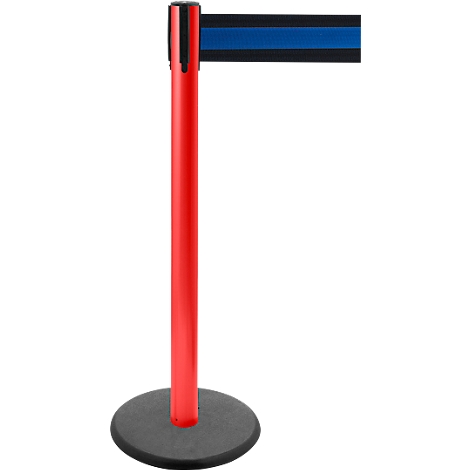 Red barrier post with gray base and blue band.