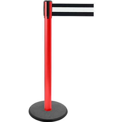 Red stanchion with retractable black and white striped band. Black base.