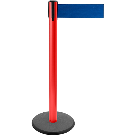 Red stanchion with blue belt, white background. Gray, round base.
