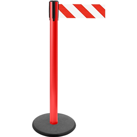Red stanchion with a red and white striped belt, black head and round base, against a white background.