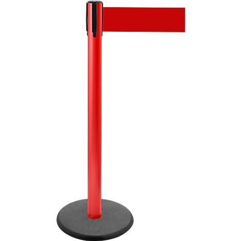 Red stanchion with red belt, black head and grey foot on white background.