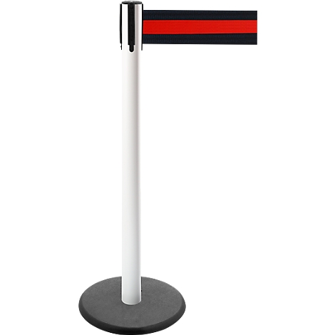 Queue barrier with black and red band against a white background. The post is white, the base gray.