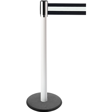 Queue barrier with retractable black and white striped belt.
