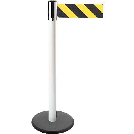 White queue post with a black base and a yellow and black striped barrier tape.