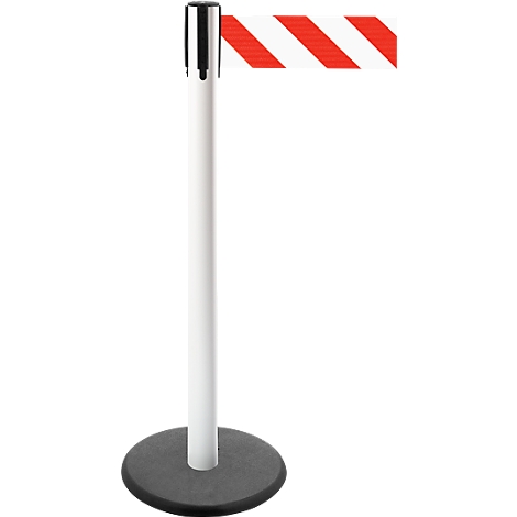 A white post with black head and red and white striped barrier tape. The post is on a black, round base.