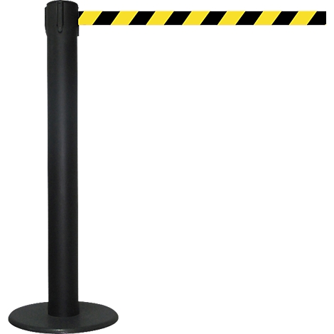 Black post with retractable red and yellow striped tape as barrier.