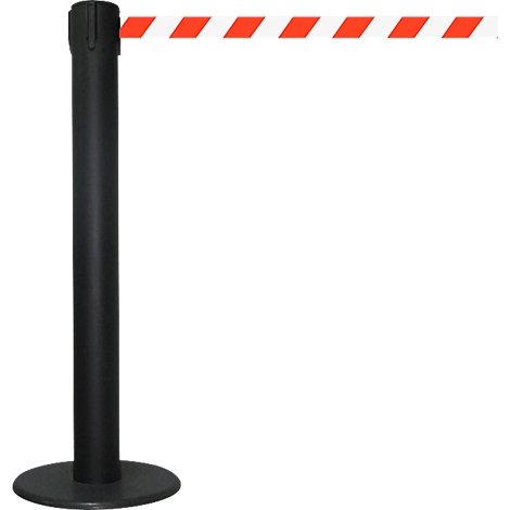 Black barrier with a red and white striped barrier cord against a white background.