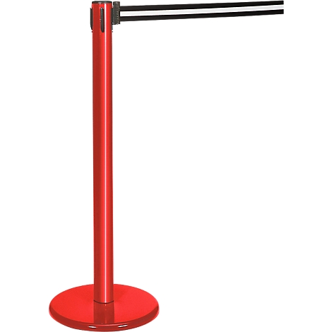 A red stanchion with a black and white stripe band. The band is attached to another stanchion.