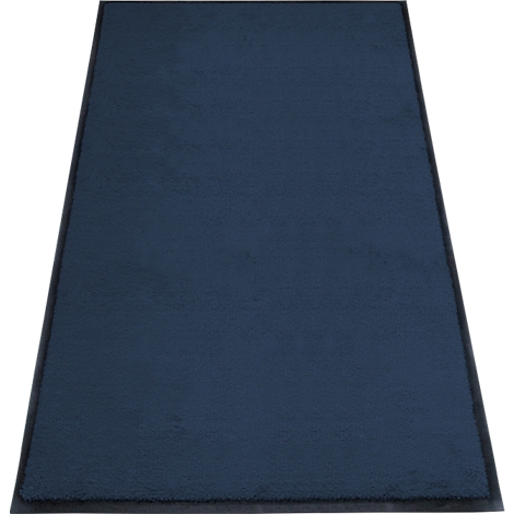 Tapis bleu foncé avec bordure noire sur fond blanc. La surface du tapis est texturée.