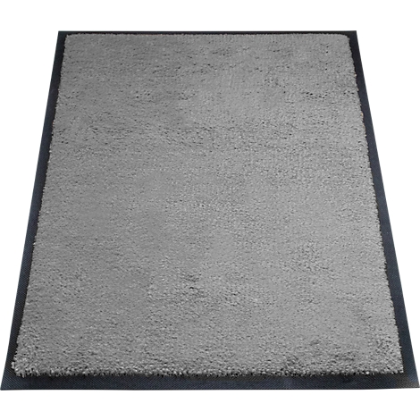Tapis gris avec bordure noire, vue en perspective.