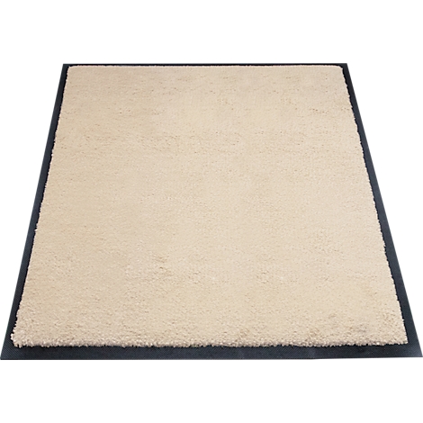 Tapis beige avec bordure noire sur fond blanc.