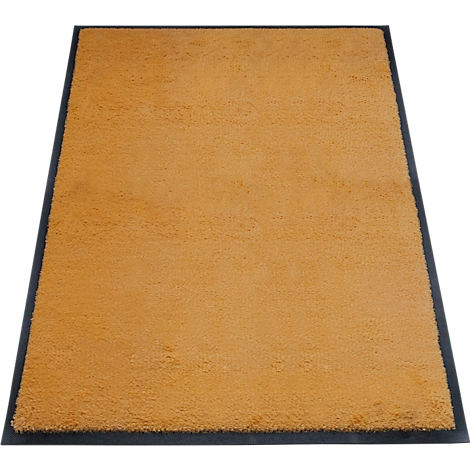 Tapis rectangulaire avec une surface jaune doré et une bordure gris foncé.