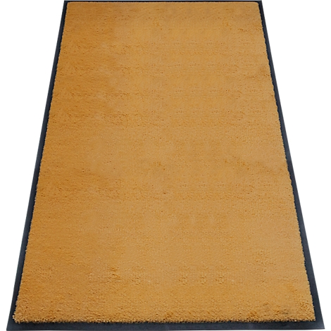 Un tapis rectangulaire jaune moutarde avec une bordure gris foncé.