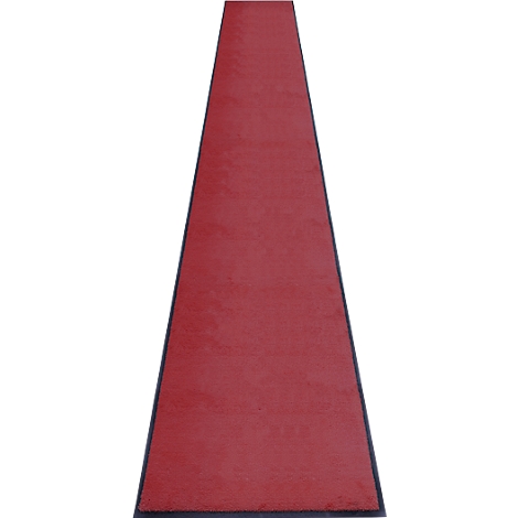 Tapis rouge avec bordure noire, forme oblongue.