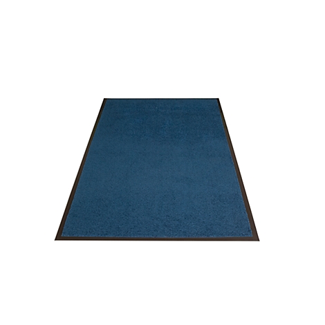 Paillasson rectangulaire bleu avec bordure noire sur fond blanc.