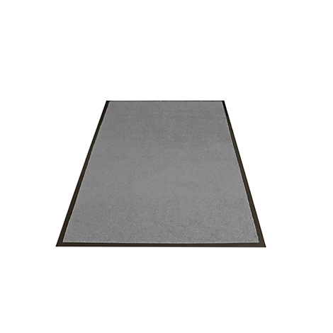 Paillasson rectangulaire gris avec une bordure sombre sur fond blanc.