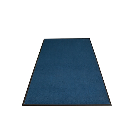 Paillasson rectangulaire bleu foncé avec bordure noire sur fond blanc.