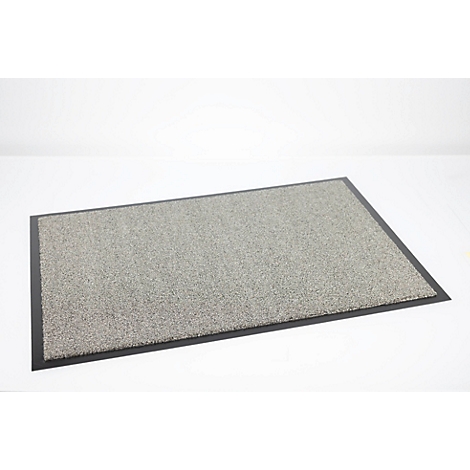 Paillasson gris rectangulaire avec bordure noire sur fond blanc neutre.