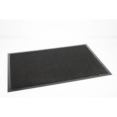 Paillasson rectangulaire noir à poils texturés avec bordure lisse sur fond blanc.