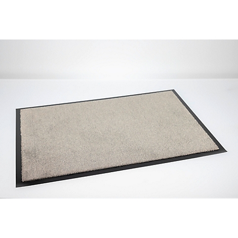 Paillasson rectangulaire gris avec une bordure noire sur fond clair.