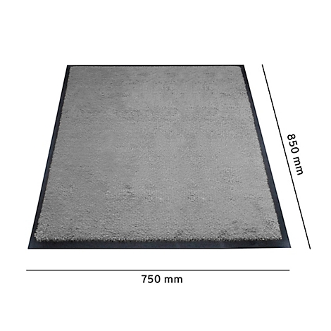 Tapis gris rectangulaire avec bordure noire. Dimensions : 750 x 850 mm.