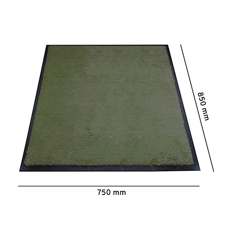 Tapis de golf rectangulaire avec surface verte et bord noir. Dimensions : 750 x 850 mm.