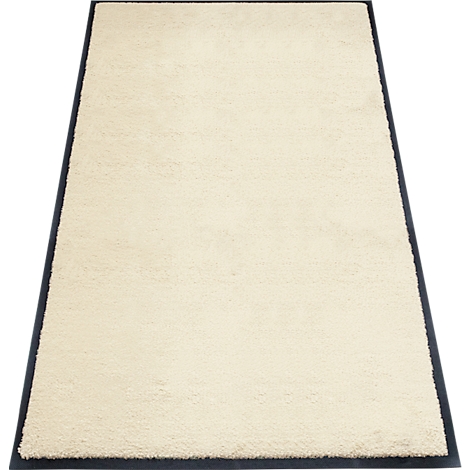 Tapis beige avec bordure bleu foncé, photographié légèrement d'en haut.
