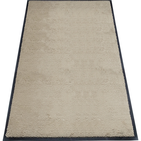 Tapis rectangulaire beige avec bordure bleu foncé sur fond blanc.