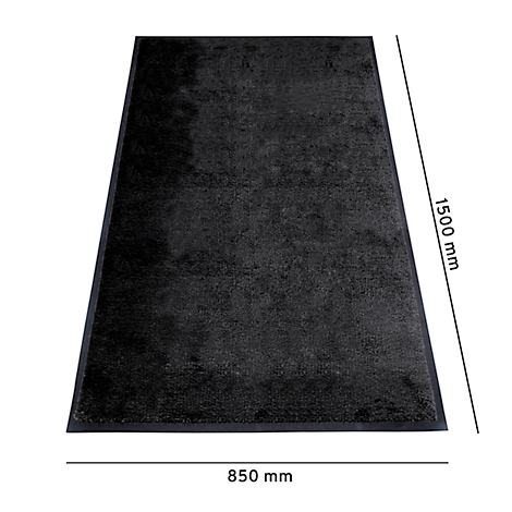 Tapis rectangulaire noir, dimensions 850 x 1500 mm. Cadre noir, surface texturée. Idéal pour les entrées.
