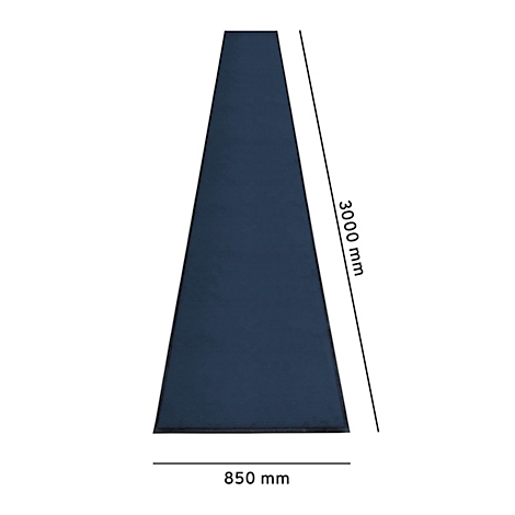 Tapis bleu foncé, allongé sur fond blanc, dimensions 3000 mm x 850 mm.