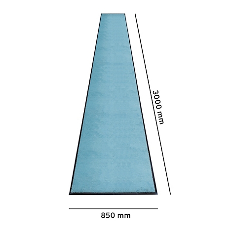 Un tapis rectangulaire bleu clair avec des bordures noires, de 3000 mm de long et 850 mm de large.