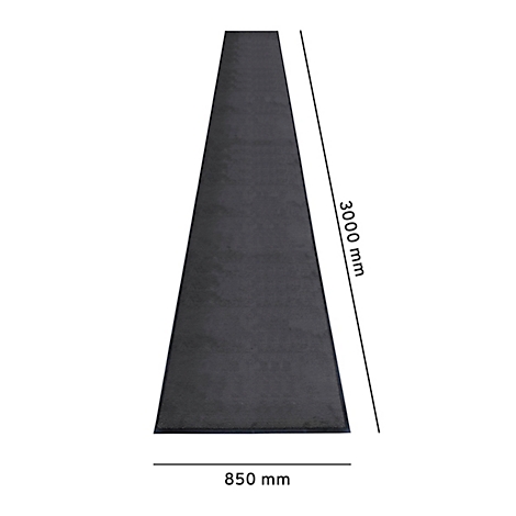 Un tapis noir photographié d'en haut. La longueur est de 3000 mm, la largeur de 850 mm.