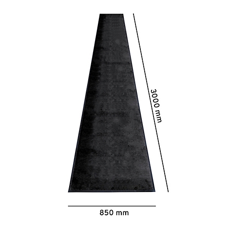 Un tapis noir trapézoïdal, dimensions : 3000 mm x 850 mm.