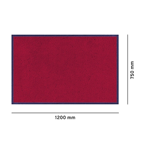 Paillasson rouge rectangulaire avec une bordure bleue. Dimensions : 1200 x 750 mm.