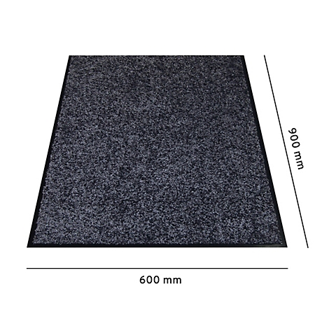 Paillasson rectangulaire gris foncé avec bord noir et indications de taille (600 mm x 900 mm).