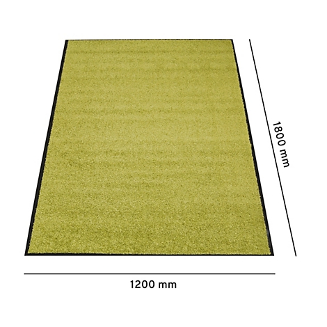 Un tapis rectangulaire vert avec une bordure noire. Dimensions indiquées : 1200mm x 1800mm.