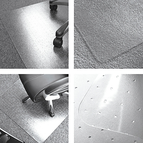 Tapis de chaise de bureau transparents sur moquette. Des vues détaillées montrent comment les tapis sont utilisés.