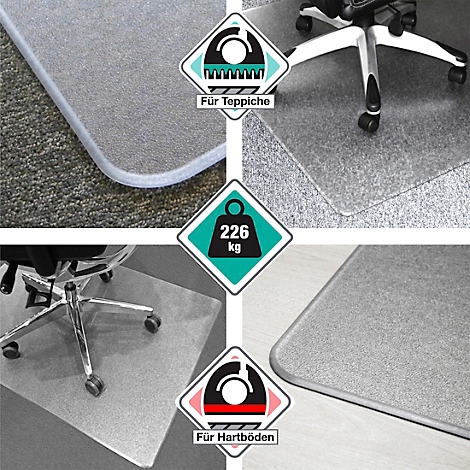 Tapis de chaise de bureau transparent. Logos incrustés : Pour les tapis, 226 kg, Pour sols durs.