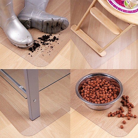 Quatre images montrent des tapis de protection transparents pour protéger des taches sur les planchers de bois. Bottes, nourriture pour animaux, pied de table et siège enfant.