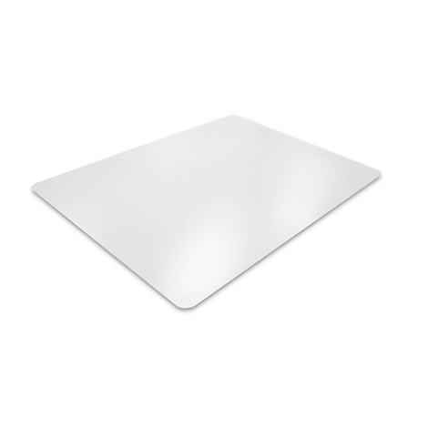 Tapis de protection de sol rectangulaire transparent sur fond blanc. Coins arrondis.