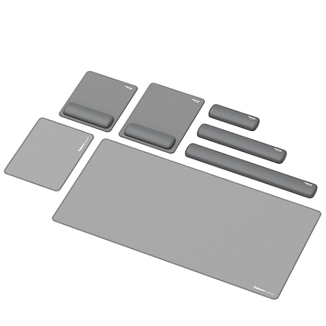 Tapis de souris gris avec support de poignet, rectangulaire. Marque 'Fellowes'.