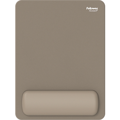 Tapis de souris avec repose-poignet et souris sans fil. Tons de brun et de gris.